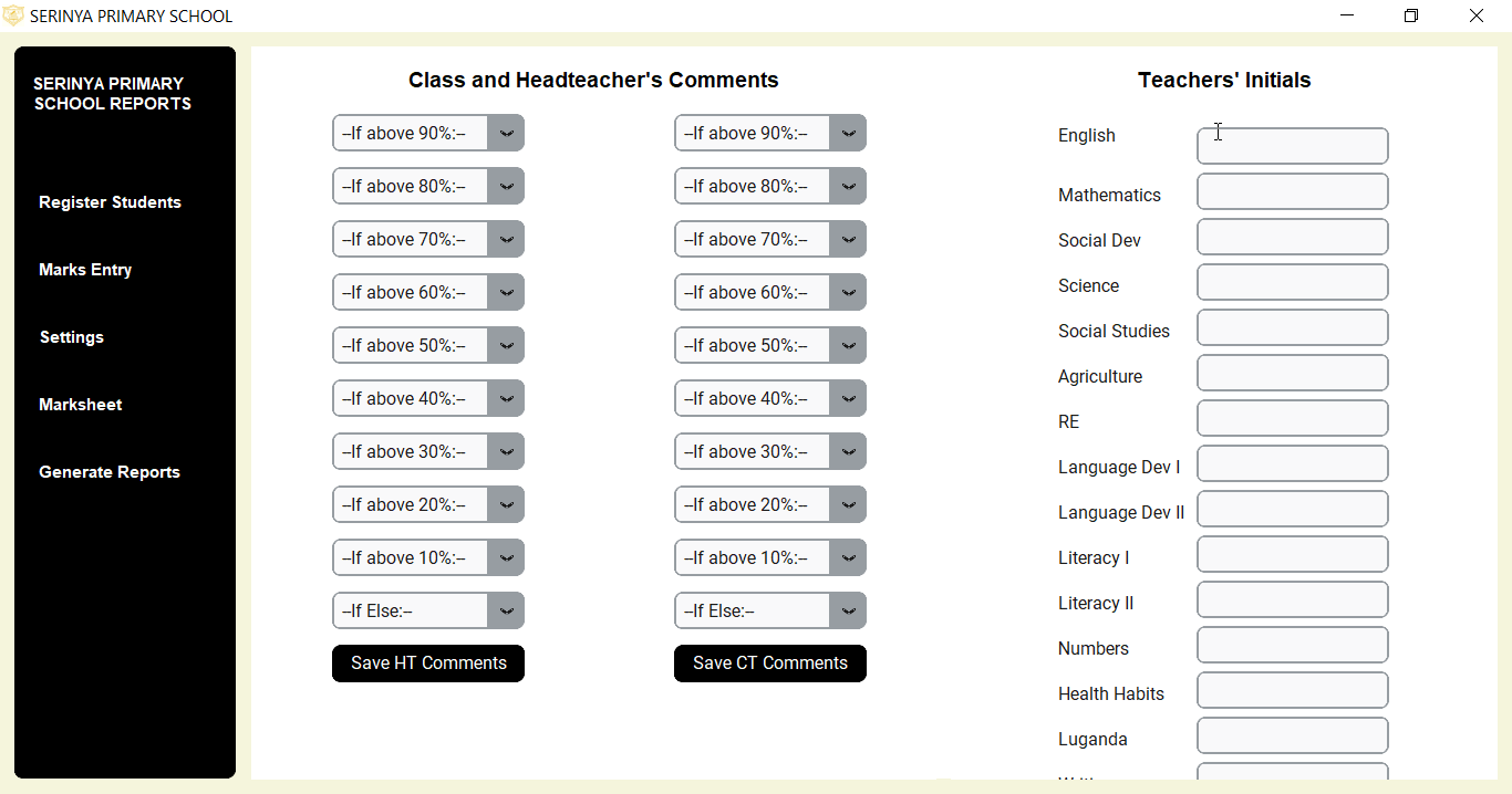 Shuleni report card software comments and initials section.