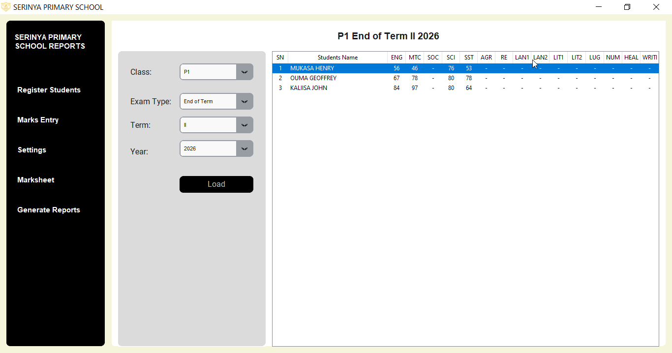 Shuleni report card software marksheet view interface.