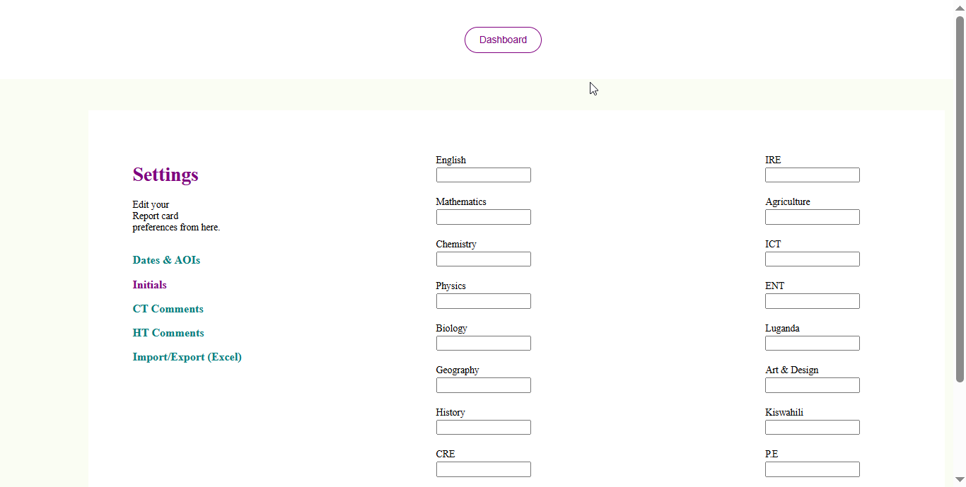 Shuleni report card software comments and initials section.