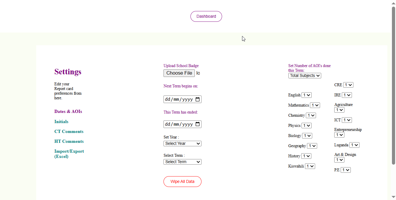 Shuleni report card software marksheet view interface.