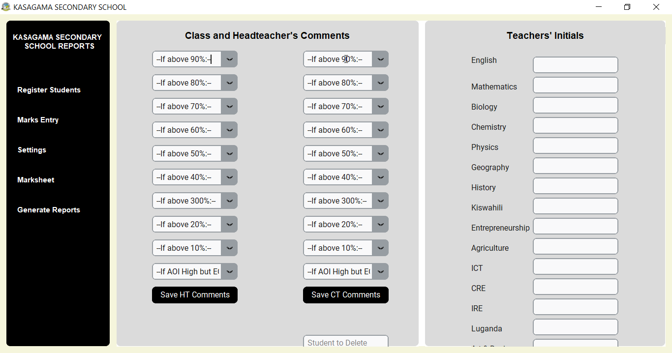 Shuleni report card software comments and initials section.