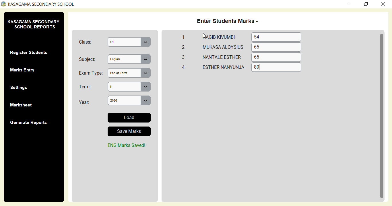 Shuleni report card software marks entry interface.