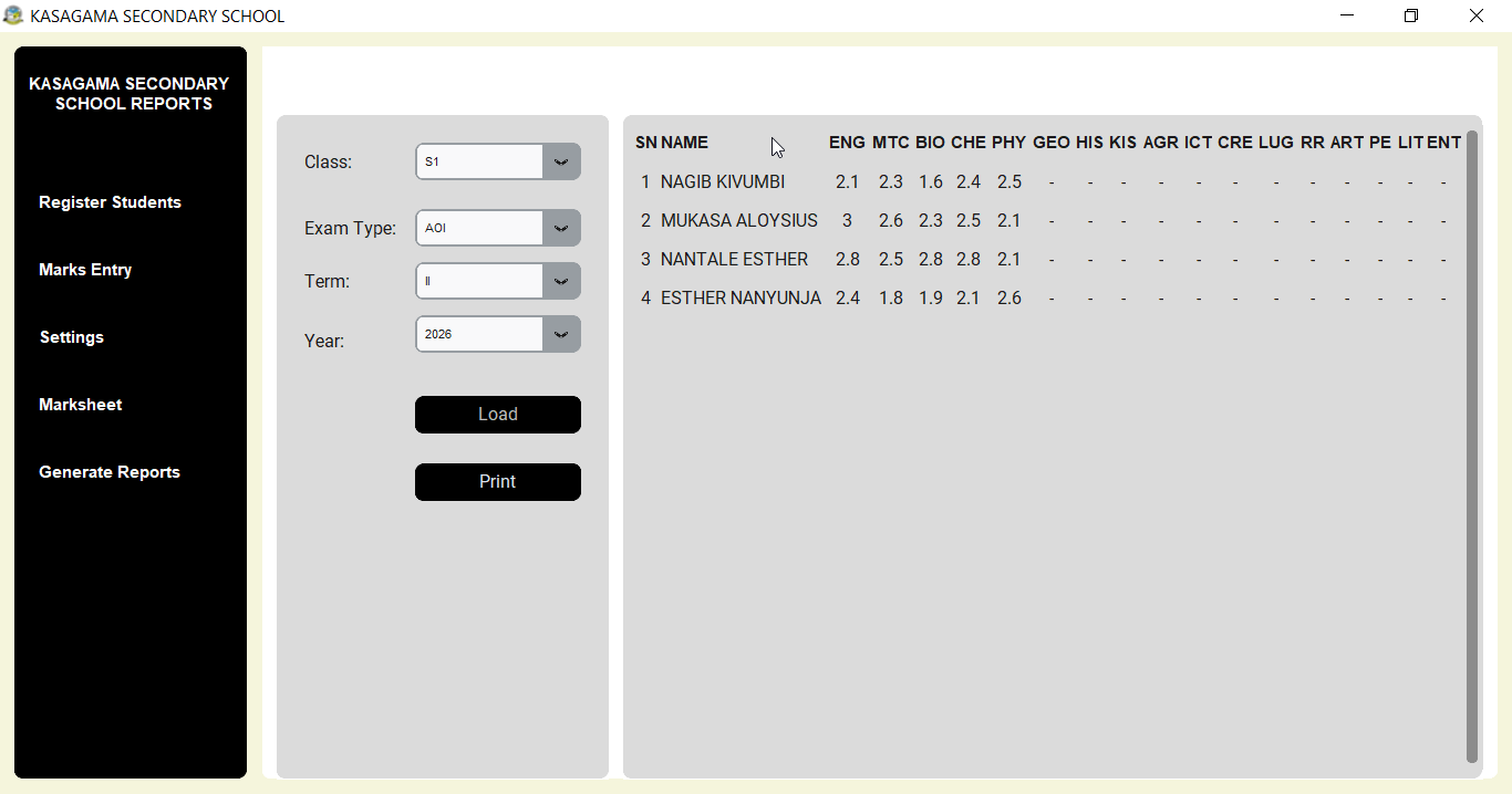 Shuleni report card software marksheet view interface.