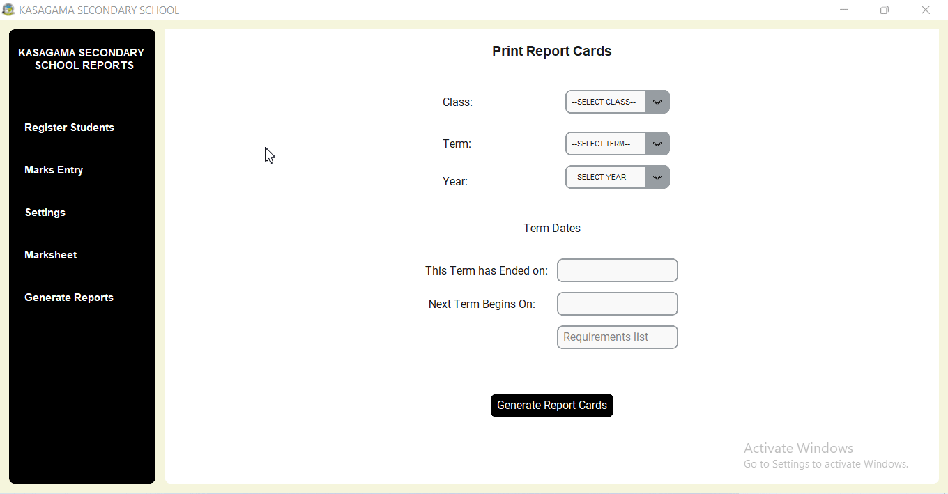 Shuleni report card software report generation process gif